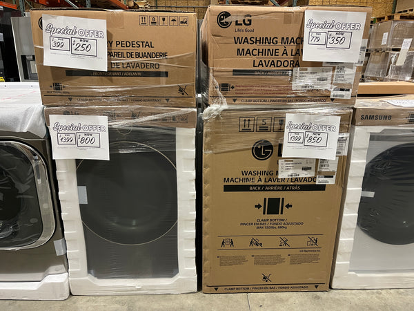 New Laundry & Pedestal Set - Electric: LG WM6500HBA 5.0 cu. ft. Mega Capacity Smart Front Load Energy Star Washer with TurboWash® 360 and Al DD® Built-In Intelligence + WD300CB 27" LG SideKick™M Pedestal Washer + DLEX6500B LG - 7.4 Cu. Ft. Smart Dryer
