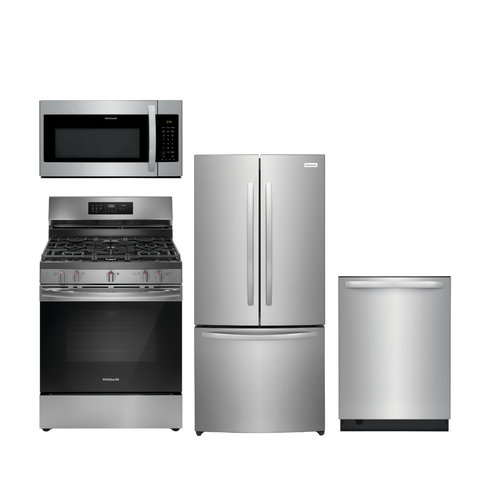 Frigidaire FULL KITCHEN SET: STAINLESS/ 01 - 1.8 Cu. Ft. Over-The-Range Microwave, 17.6 Cu. Ft. 32 Inch Counter-Depth French Door Refrigerator, 5.1 cu. ft. 5 Burner Gas Range + Air Fry & Self Clean, 24" Built-In Dishwasher EvenDry™ System