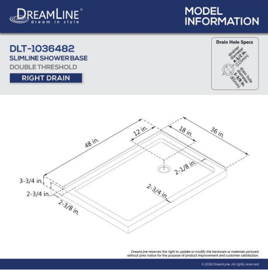 SlimLine 48 in. W x 36 in. D Double Threshold Shower Base in White with Right Hand Drain by DreamLine