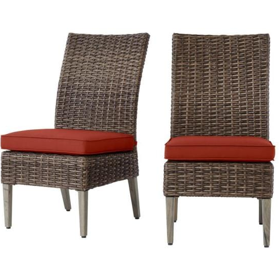 Rock Cliff Brown Stationary Wicker Outdoor Patio Armless Dining Chair with Sunbrella Henna Red Cushions (2-Pack) by Hampton Bay