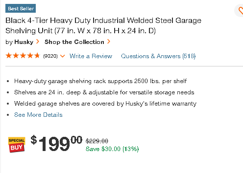 Black 4-Tier Heavy Duty Industrial Welded Steel Garage Shelving Unit (77 in. W x 78 in. H x 24 in. D) by Husky
