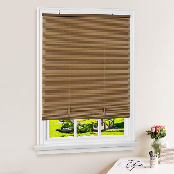 Solstice Woodtone Cordless Light Filtering Vinyl Roll-Up Blind with 1/4 in. Oval Slats 36 in. W x 72 in. L by ACHIM