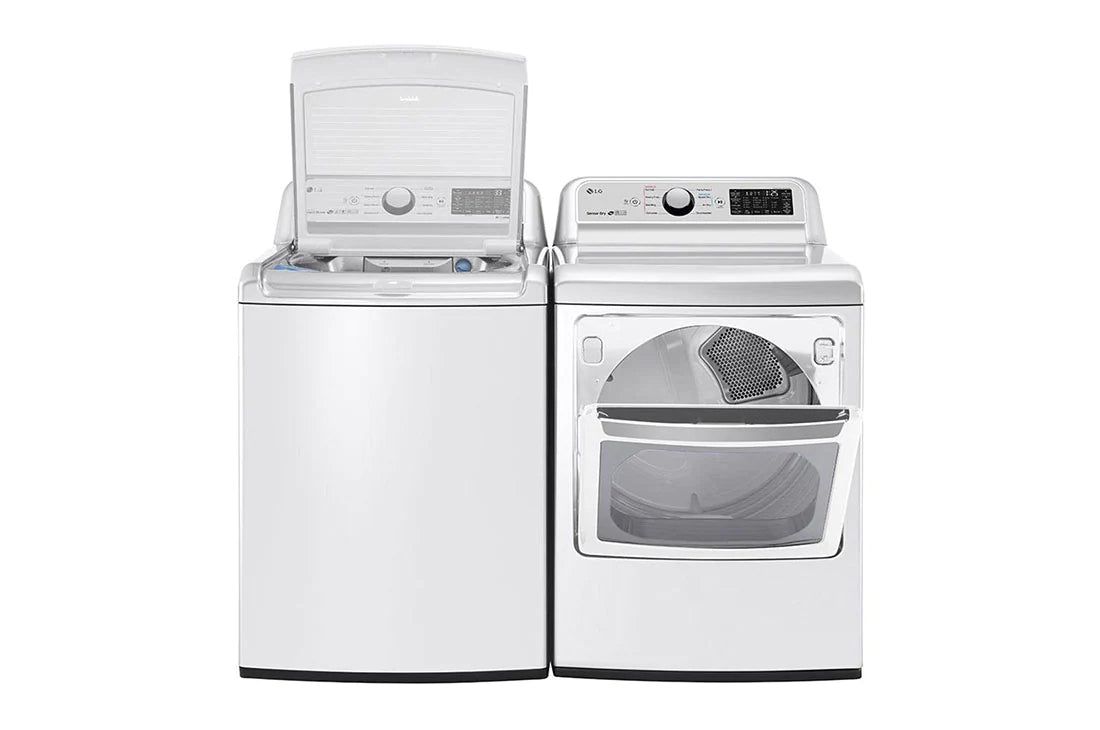 NEW: LG 5.0 cu.ft. Smart wi-fi Enabled Top Load Washer with TurboWash3D™ Technology + DLG7201WE 7.3 cu. ft. Smart wi-fi Enabled Gas Dryer w/ Sensor Dry Technology