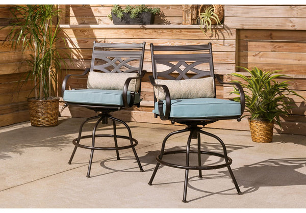 Hanover Montclair 5-Piece Steel Outdoor Bar Height Dining Set with Ocean Blue Cushions, Swivel Chairs and a 33 in. Dining Table