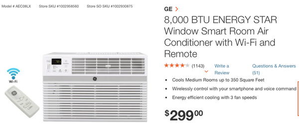 GE 8,000 BTU ENERGY STAR Window Smart Room Air Conditioner with Wi-Fi and Remote