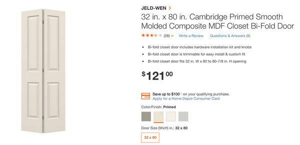 JELD-WEN 32 in. x 80 in. Cambridge Primed Smooth Molded Composite MDF Closet Bi-Fold Door