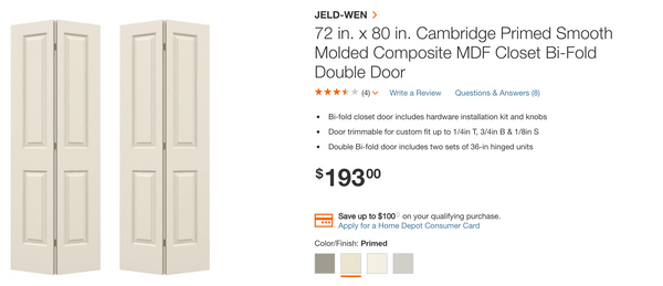 JELD-WEN 72 in. x 80 in. Cambridge Primed Smooth Molded Composite MDF Closet Bi-Fold Double Door