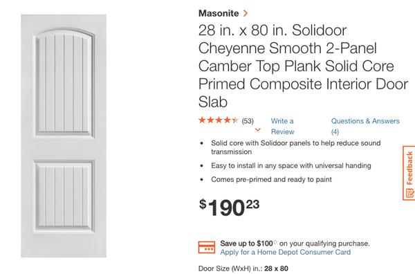 Masonite 28 in. x 80 in. Solidoor Cheyenne Smooth 2-Panel Camber Top Plank Solid Core Primed Composite Interior Door Slab