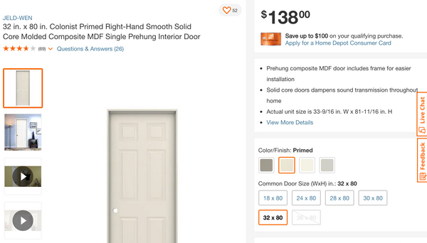 JELD-WEN 32 in. x 80 in. Colonist Primed Right-Hand Smooth Solid Core Molded Composite MDF Single Prehung Interior Door