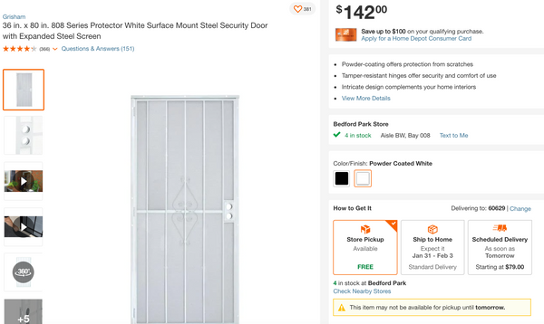 Grisham 36 in. x 80 in. 808 Series Protector White Surface Mount Steel Security Door with Expanded Steel Screen