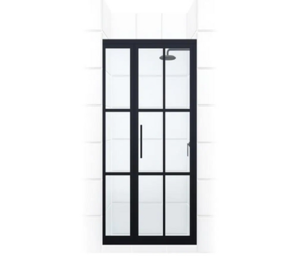 Coastal Shower Doors Gridscape Series 45.75 in. x 76 in. Framed Hinge Shower Door and Inline Panel in Black and Clear Glass with Handle