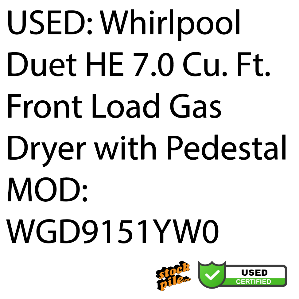 USED: Whirlpool Duet HE 7.0 Cu. Ft. Front Load Gas Dryer with Pedestal MOD: WGD9151YW0