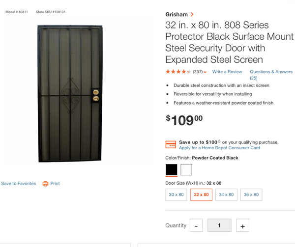 32 in. x 80 in. 808 Series Protector Black Surface Mount Steel Security Door with Expanded Steel Screen