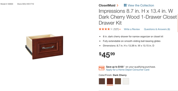ClosetMaid 30600 Impressions 8.7 in. H x 13.4 in. W Dark Cherry Wood 1-Drawer Closet Drawer Kit