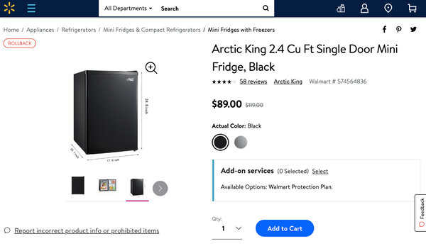 Arctic King 2.4 Cu Ft Single Door Mini Fridge, Black