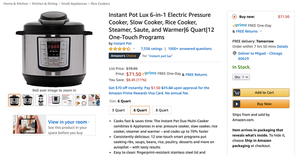 Instant Pot Lux 6-in-1 Electric Pressure Cooker, Slow Cooker, Rice Cooker, Steamer, Saute, and Warmer|6 Quart|