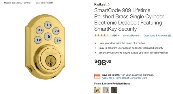 Kwikset SmartCode 909 Lifetime Polished Brass Single Cylinder Electronic Deadbolt Featuring SmartKey Security