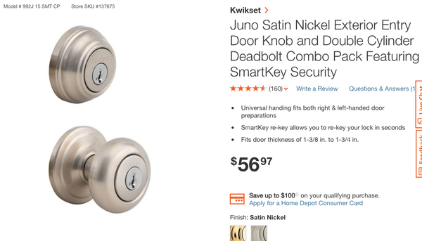 Kwikset Juno Satin Nickel Exterior Entry Door Knob and Double Cylinder Deadbolt Combo Pack Featuring SmartKey Security