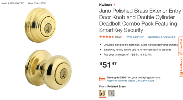 Kwikset Juno Polished Brass Exterior Entry Door Knob and Double Cylinder Deadbolt Combo Pack Featuring SmartKey Security