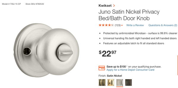 Kwikset Juno Satin Nickel Privacy Bed/Bath Door Knob