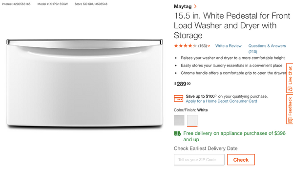 Maytag 15.5 in. White Pedestal for Front Load Washer and Dryer with Storage