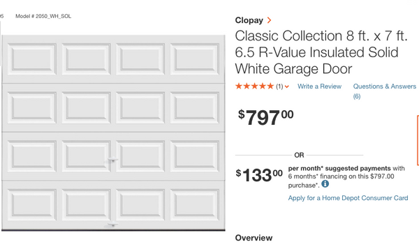 Classic Collection 8 ft. x 7 ft. 6.5 R-Value Insulated Solid White Garage Door