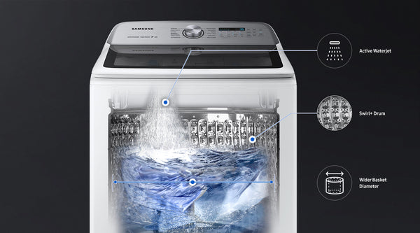 USED: 5.0 cu. ft. Top Load Washer with Super Speed in White 5.0 cu. ft. Top Load Washer with Super Speed in White WA50R5400AW/US & 7.4 cu. ft. Smart Gas Dryer with Steam Sanitize+ in White DVG52A5500W/A3