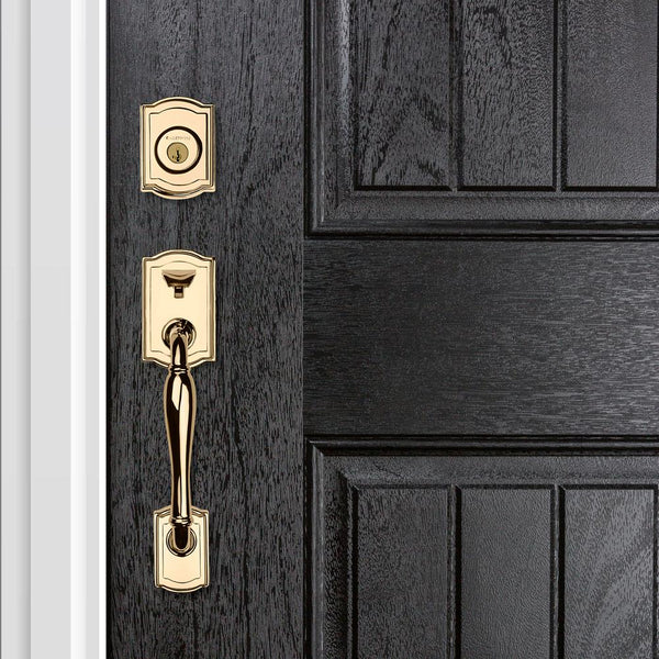 Baldwin Prestige Wesley Single Cylinder Lifetime Polished Brass Door Handleset with Alcott Door Knob Featuring SmartKey Security