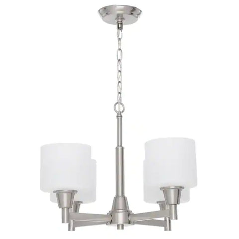 NEW: Hampton Bay Oron 4-Light Brushed Nickel Reversible Chandelier with White Glass Shades