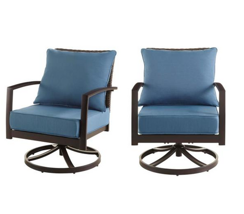 Whitfield Dark Brown Wicker Outdoor Patio Motion Conversation Chair with CushionGuard Steel Blue Cushions (2-Pack) by Hampton Bay