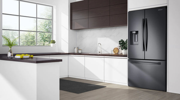 NEW: Samsung 23 cu. ft. 3-Door French Door, Counter Depth Refrigerator with CoolSelect Pantry™ in Black Stainless Steel