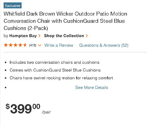 Whitfield Dark Brown Wicker Outdoor Patio Motion Conversation Chair with CushionGuard Steel Blue Cushions (2-Pack) by Hampton Bay