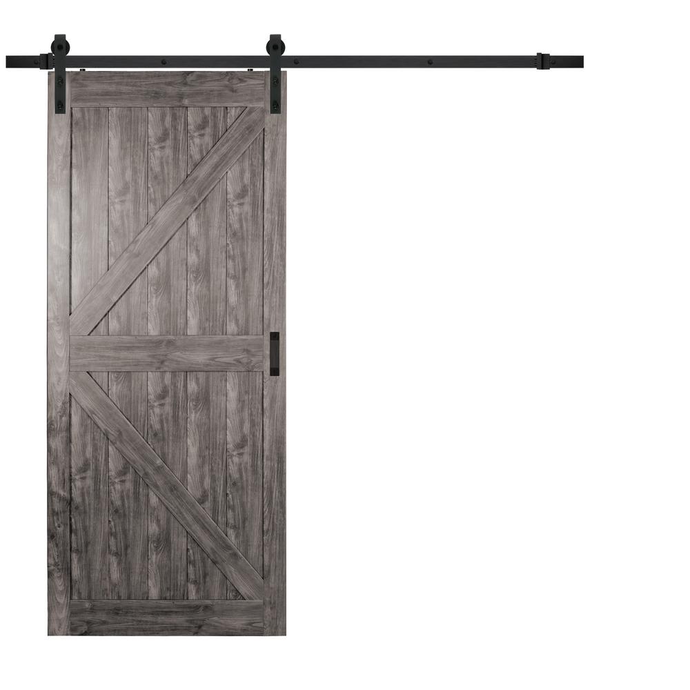 36 in. x 84 in. Iron Age Grey K Design Solid Core Interior Composite Barn Door with Rustic Hardware Kit