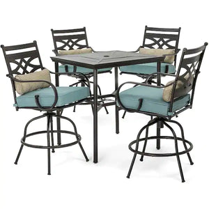 Hanover Montclair 5-Piece Steel Outdoor Bar Height Dining Set with Ocean Blue Cushions, Swivel Chairs and a 33 in. Dining Table