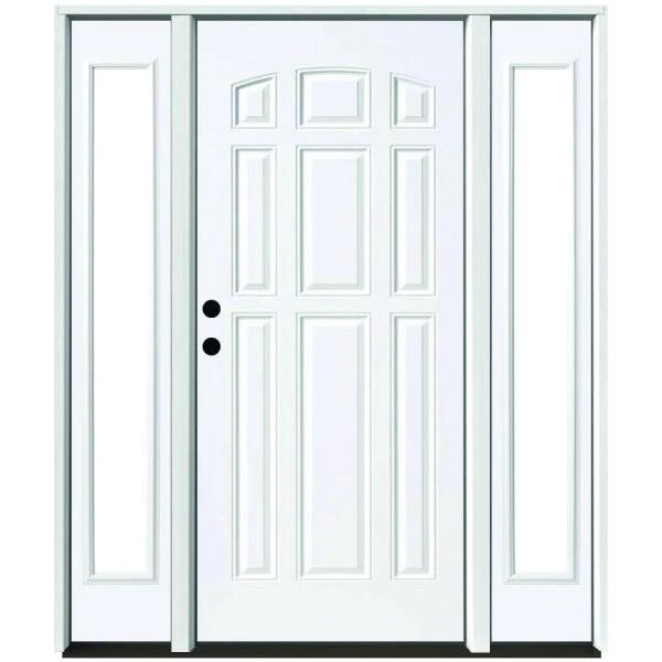 60 in. x 80 in. 9-Panel Primed White Right-Hand Steel Prehung Front Door with 10 in. Clear Glass Sidelites 6 in. Wall by Steves & Sons