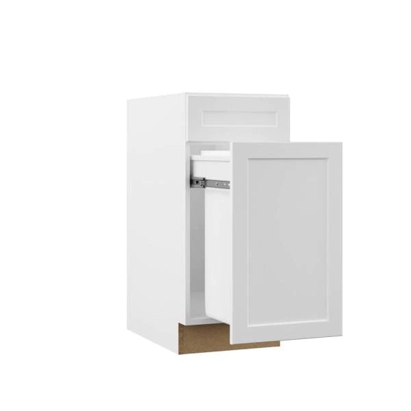 Hampton Bay Designer Series Melvern Assembled 15x34.5x23.75 in. Pull Out Trash Can Base Kitchen Cabinet in White