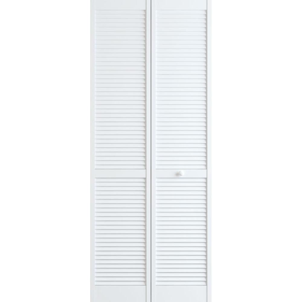 Set (2): Frameport 30 in. x 78 in. Louver Pine White Interior Closet Bi-fold Door