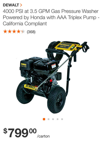 DEWALT 4000 PSI at 3.5 GPM Gas Pressure Washer Powered by Honda with AAA Triplex Pump - California Compliant