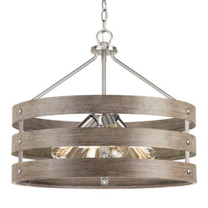 Gulliver 22 in. 4-Light Brushed Nickel Drum Pendant with Weathered Gray Wood Accents by Progress Lighting