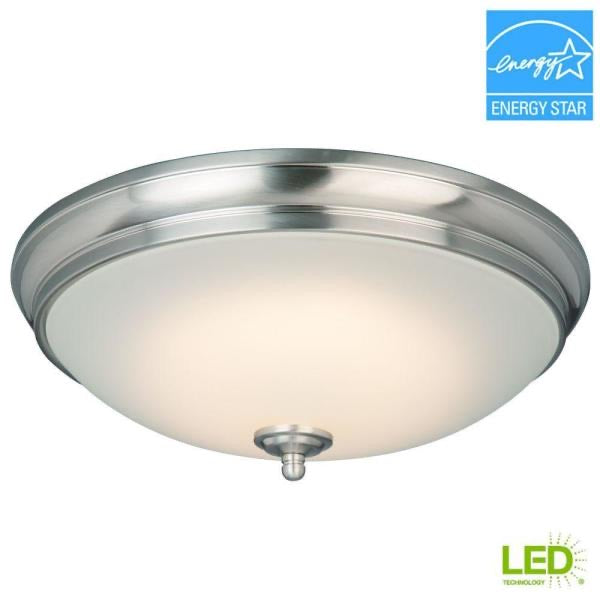 13 in. 60-Watt Equivalent Brushed Nickel Integrated LED Flush Mount with White Glass Shade by Commercial Electric