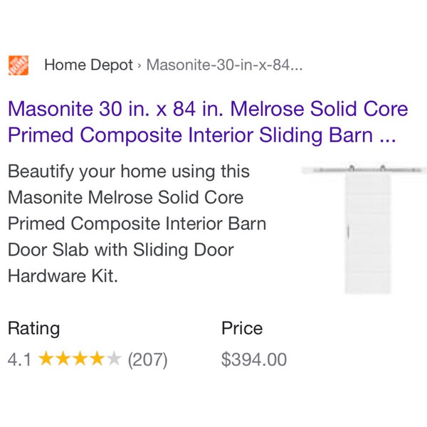 Masonite 30 in. x 84 in. Melrose Solid Core Primed Composite Interior Sliding Barn Door Slab with Hardware Kit