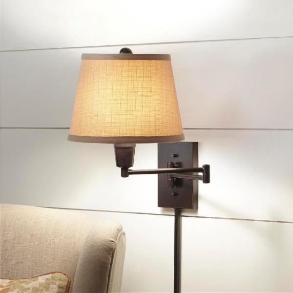 Walden Glen 1-Light Oil Rubbed Bronze Swing Arm Plug In Wall Lamp with Fabric Shade by Hampton Bay