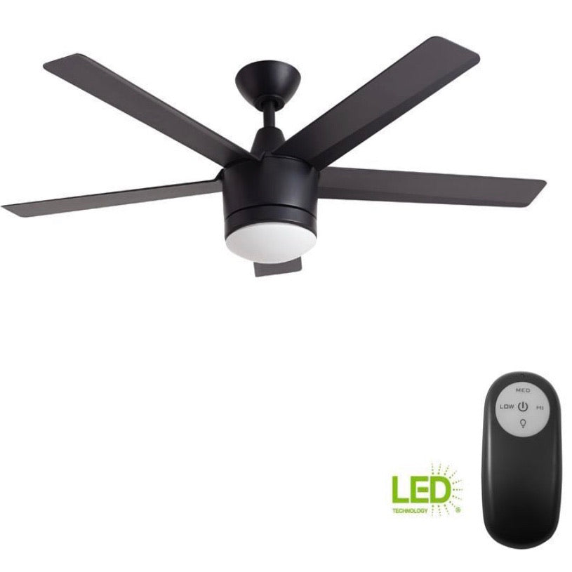 Merwry 52 in. Integrated LED Indoor Matte Black Ceiling Fan with Light Kit and Remote Control by Home Decorators Collection