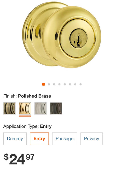Kwikset Juno Polished Brass Entry Door Knob Featuring SmartKey Security