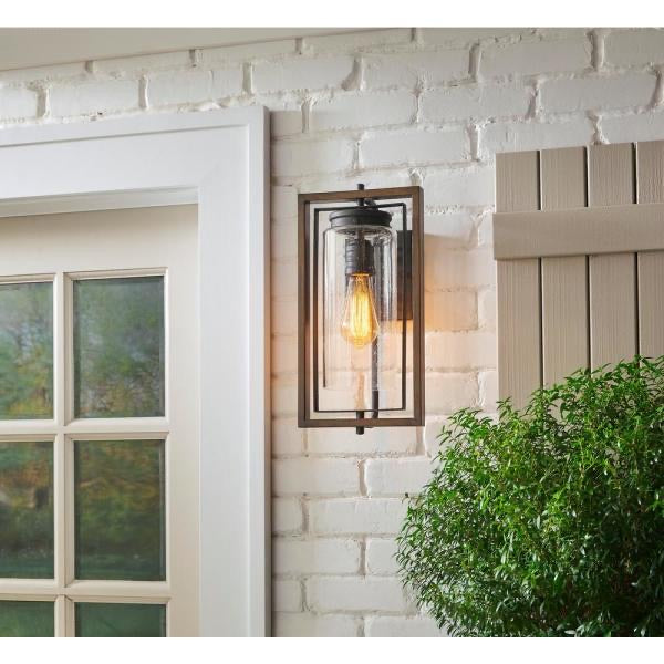 Palermo Grove 1-Light Gilded Iron Outdoor Wall Lantern Sconce with Walnut Wood Accents by Home Decorators Collection