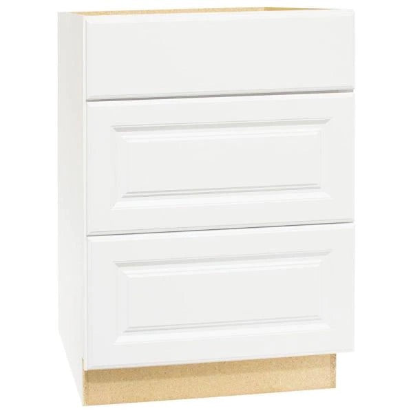 Hampton Bay Satin White Raised Panel Assembled 3 Drawer Base Kitchen Cabinet with Drawer Glides (24 in. x 34.5 in. x 24 in.)