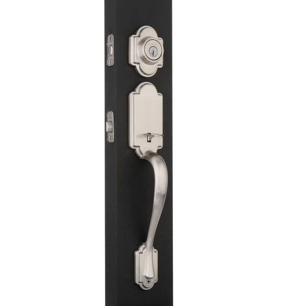 Kwikset Arlington Satin Nickel Single Cylinder Door Handleset with Lido Door Lever Featuring SmartKey Security