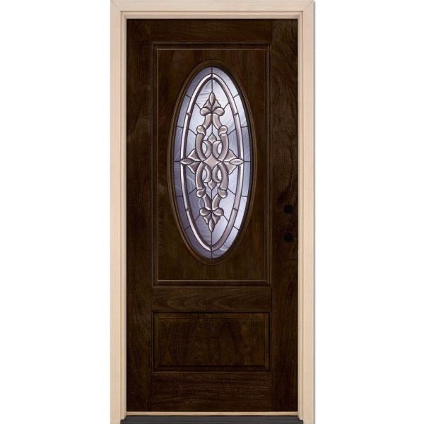 37.5 in. x 81.625 in. Silverdale Patina 3/4 Oval Lite Stained Chestnut Mahogany Left-Hand Fiberglass Prehung Front Door by Feather River Doors