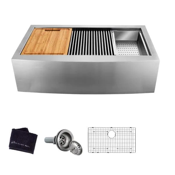 All-in-One Apron-Front Farmhouse Stainless Steel 33 in. Single Bowl Workstation Sink with Accessory Kit by Glacier Bay