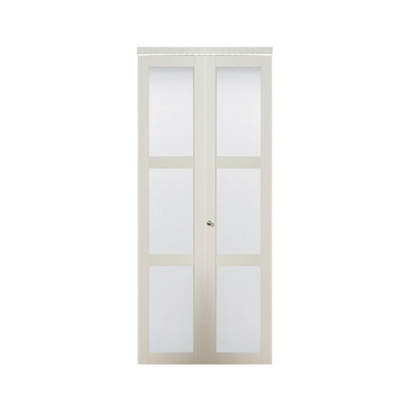 30 in. x 80.50 in. 3080 Series 3-Lite Tempered Frosted Glass Off White Composite Interior Closet Bi-Fold Door by TRUporte